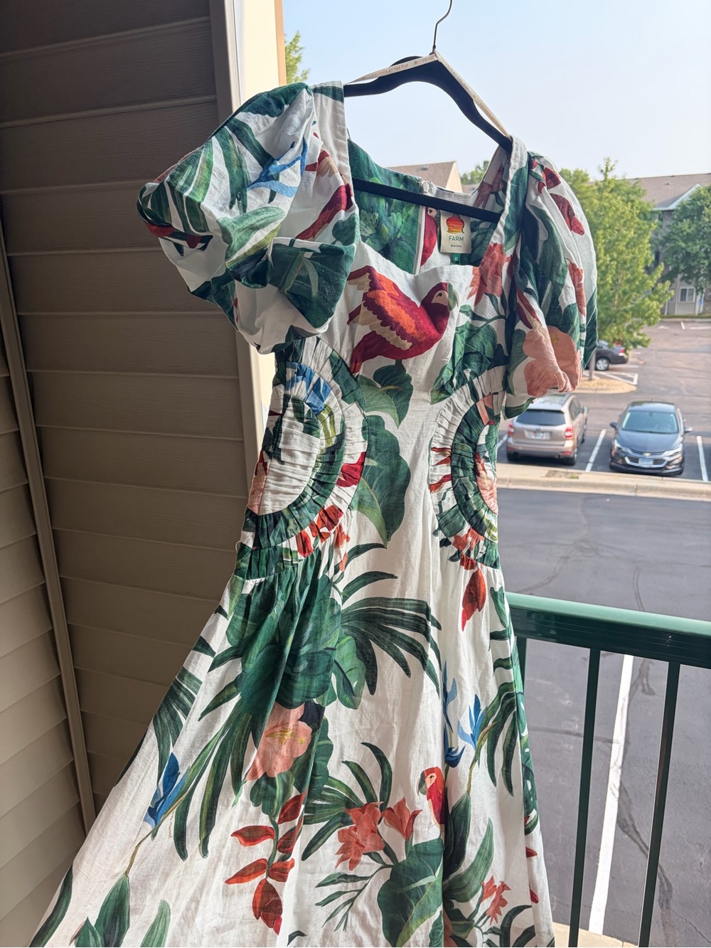 🆕🌿🦜FARM Rio OffWhite Midnight Macaw Fiesta Linen Puff Sleeve Midi Dress XS Party - Picture 6 of 17